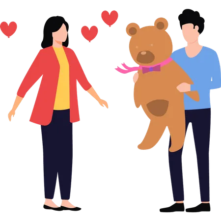 Boy is giving a teddy to girl on Valentine's Day  Illustration