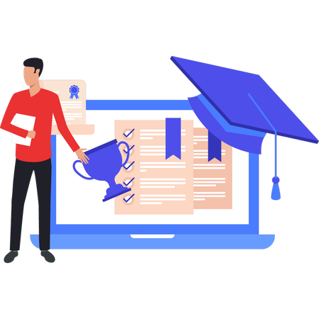 Boy is giving an online test for a certificate  イラスト