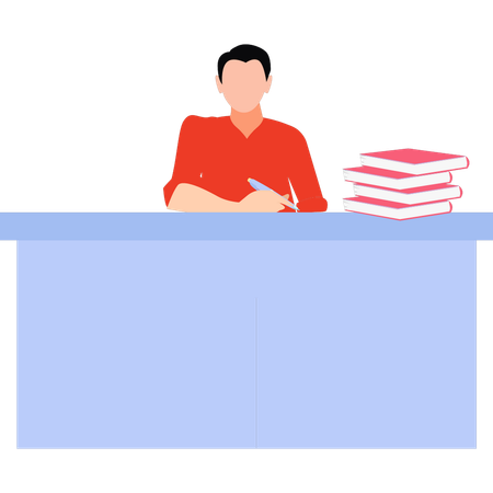 Boy is giving exam while sitting on student's bench  Illustration