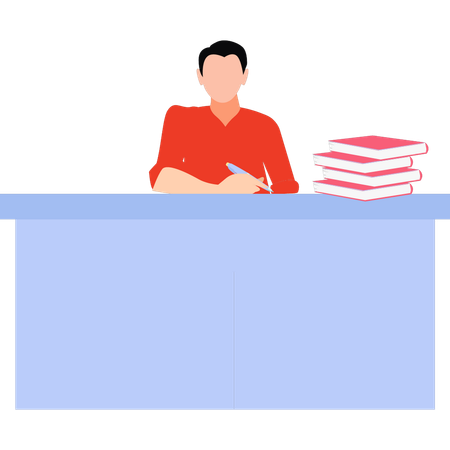 Boy is giving exam while sitting on student's bench  Illustration