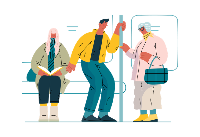 Boy is giving his seat to old lady in bus  Illustration