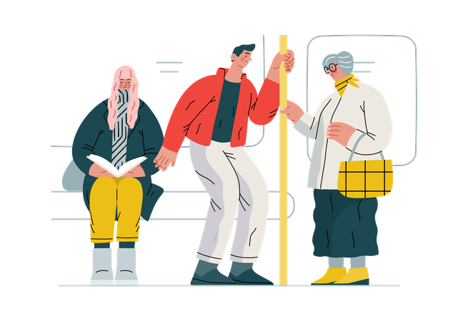 Boy is giving his seat to old lady in bus  Illustration