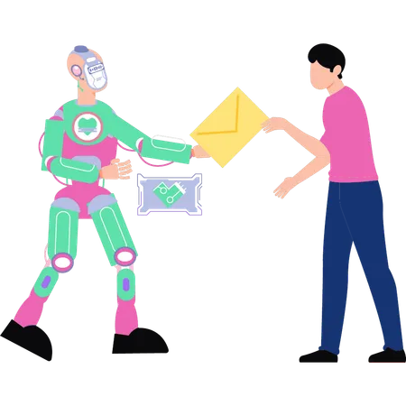 Boy Giving Mail To Robot Illustration