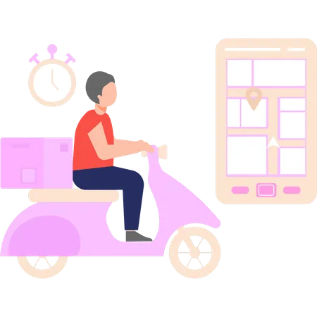 A Boy Is Going To Deliver A Parcel On A Scooter Illustration