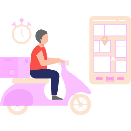 Boy is going to deliver a parcel on a scooter  Illustration