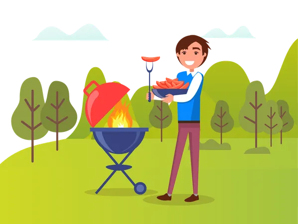 Boy is grilling meat  Illustration