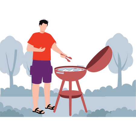 Boy is grilling meat on camping  일러스트레이션