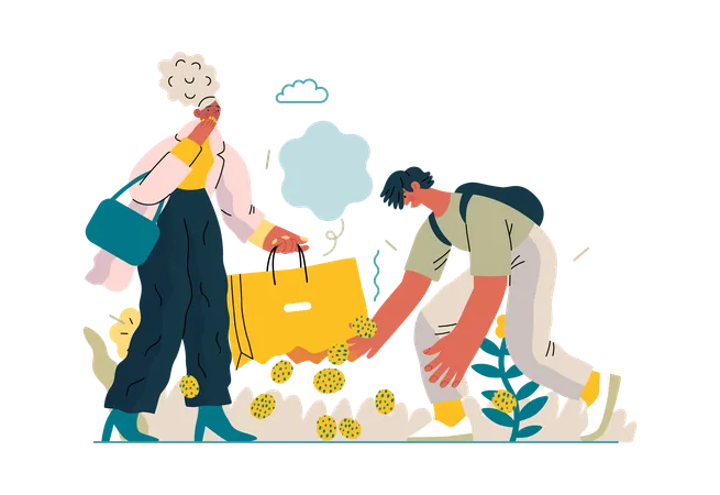 Boy is helping girl in picking up her muffins from ground  Illustration