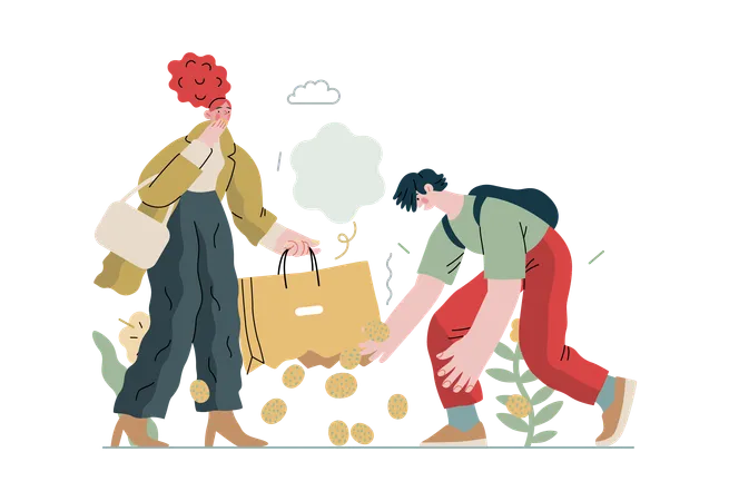 Boy is helping girl in picking up her muffins from ground  Illustration