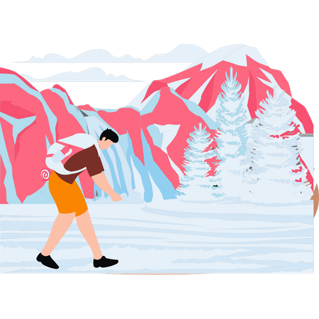 Boy is hiking in hilly area  Illustration
