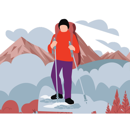 Boy is hiking in snowy mountains  Illustration
