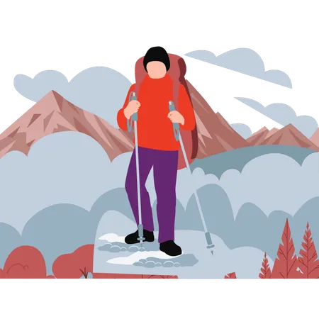 Boy is hiking in snowy mountains  Illustration