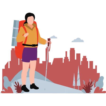 Boy is hiking with hiking stick  Illustration
