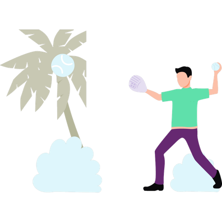 Boy is hitting coconut tree with ball  Illustration