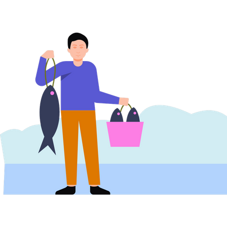 Boy is holding a bucket of fish Illustration
