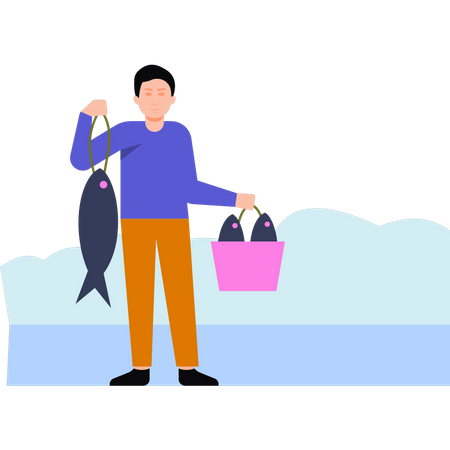 Boy is holding a bucket of fish  Illustration