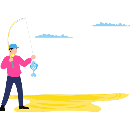 Boy is holding a fish on a hook  Illustration