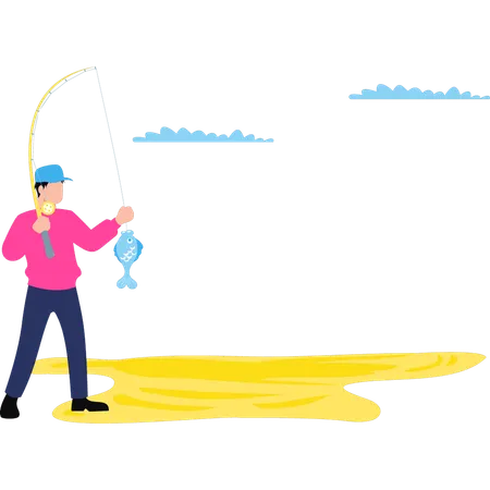 A Boy Is Holding A Fish On A Hook Illustration