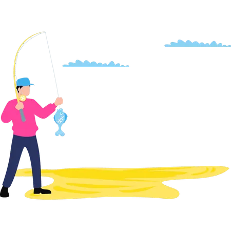 Boy is holding a fish on a hook  Illustration