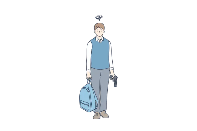 Crime Aggression Potential Murderer Concept Young Schoolboy Cartoon Character Standing And Holding Backpack And Gun With Terrible Thoughts On Mind Vector Illustration Illustration