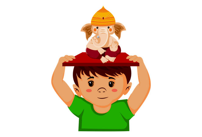 Boy is holding Lord Ganesh on his head  Illustration