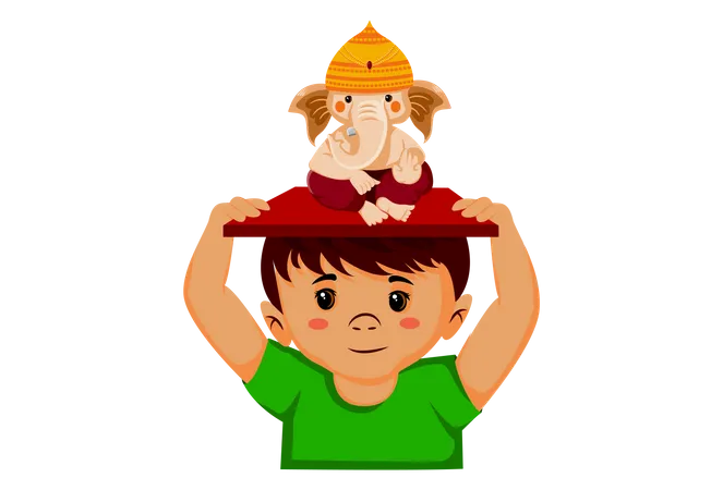 Boy is holding Lord Ganesh on his head  Illustration