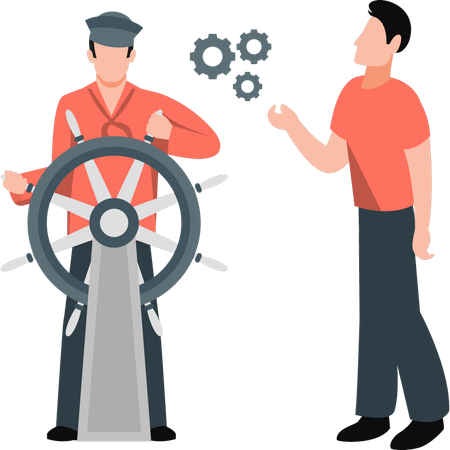 Boy is holding ship wheel  Illustration