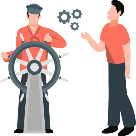 Boy is holding ship wheel  Illustration