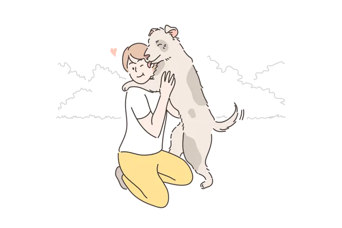 Child Playing With Dog Concept Young Boy Child Kid Owner Cartoon Character Hugging Embracing With Happy Pet Puppy Licking Face In Park Outside Summer Leisure Time Animal Love Or Devoted Friendship Illustration