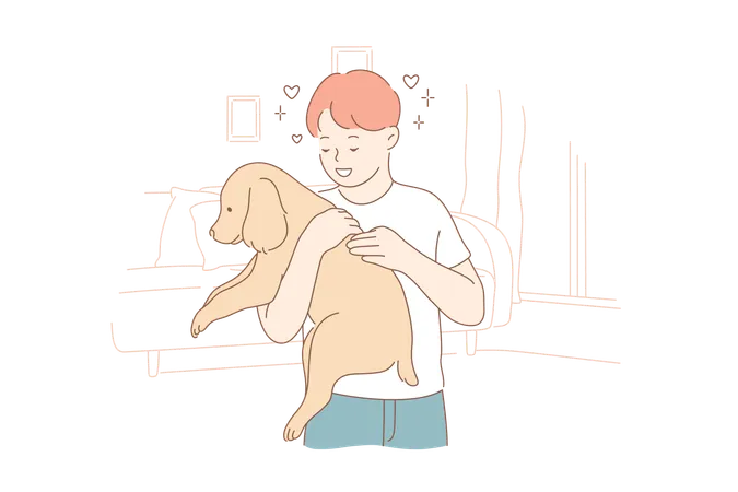 Affection Love Ownership Pet Concept Young Happy Smiling Excited Child Boy Kid Owner Cartoon Character Holding Dog Domestic Animal Friend In Hands Responsibility And Care For Puppy Illustration Illustration