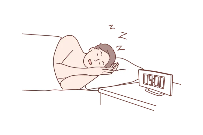 Morning Sleep Health Care Dream Relaxation Concept Young Man Or Guy Cartoon Character Lying Sleeping In Morning At Home Bed After Long Work Taking Nap For Healthy Rest Lifestyle Illustration Illustration