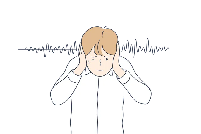 Noise Stress Protection Concept Young Frustrated Depressed Stressful Boy Kid Child Cartoon Character Plugged Ears With Hands From Lound Noisy Sound Or Parents Swearing Family Abuse Illustration Illustration