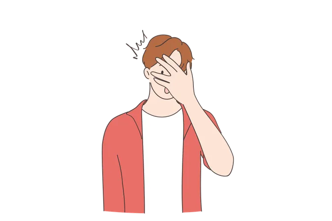 Shock Surprise Embarrassed Emotion Concept Young Man Cartoon Character Wearing Casual Clothing Peeking In Shock Covering Face And Eyes With Hand Looking Through Fingers Vector Illustration Illustration