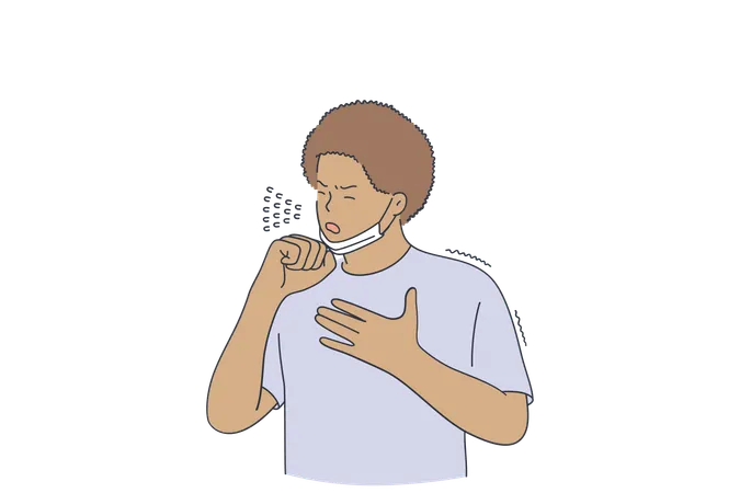 Influenza Fever Flu Concept Young Black Man Coughing And Feeling Cold Coronavirus Getting Infection Virus During Wearing Medical Protective Mask Outdoors Illustration