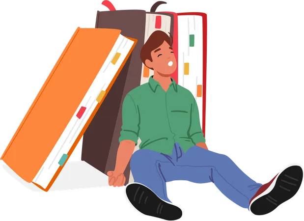 Exhausted Student Slumps Amidst Towering Books Weariness Etched On Face Overwhelmed By Study The Weight Of Knowledge Seems Heavier Than The Volumes That Surround Them Cartoon Vector Illustration Illustration