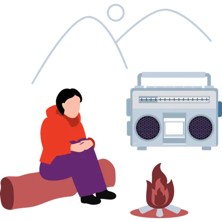 Boy is listening to radio besides fireplace  일러스트레이션