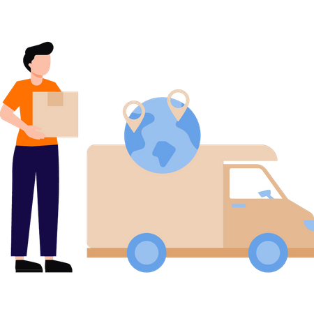 Boy is loading a truck for delivery around the world  Illustration