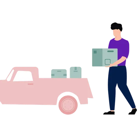 Boy is loading boxes in truck  イラスト