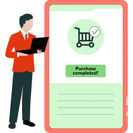 Boy is looking at a shopping completion message  Illustration