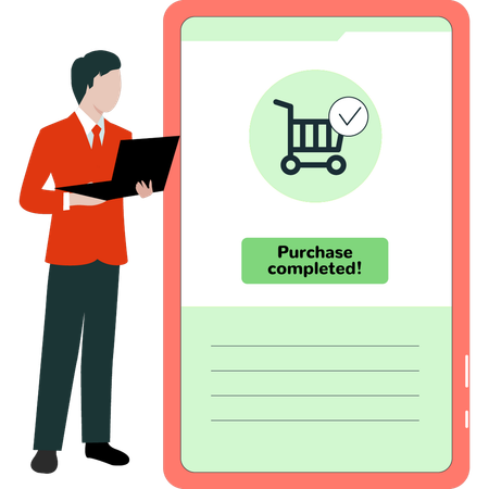 Boy is looking at a shopping completion message  Illustration