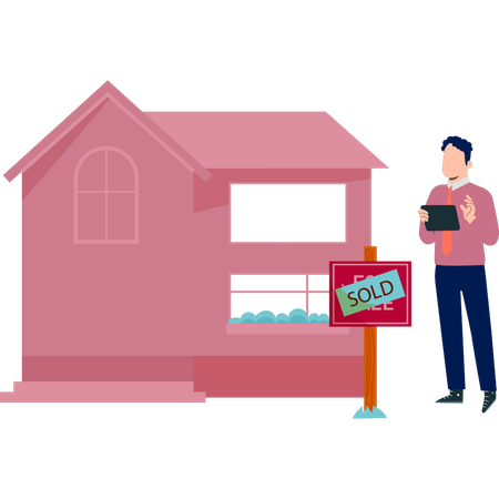 Boy is looking at a sold house banner  Illustration