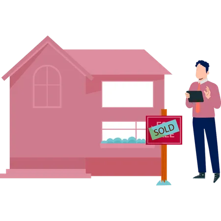 Boy is looking at a sold house banner  Illustration