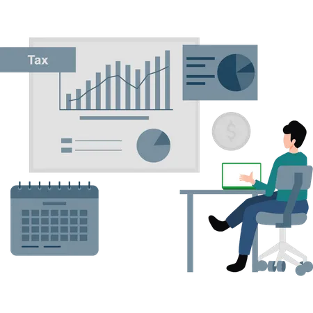 Boy is looking at a tax graph.  Illustration