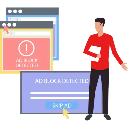 Boy is looking at ad blocker  Illustration