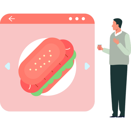 Boy is looking at burger on the web page  Illustration