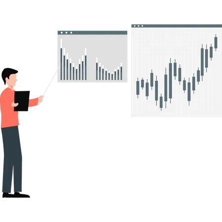 Boy is looking at business candlestick graph  Illustration