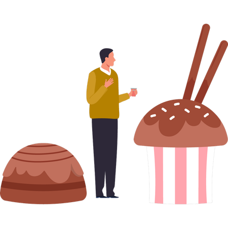 Boy is looking at chocolate cupcake  Illustration