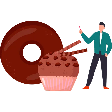Boy is looking at cupcakes and donuts  Illustration