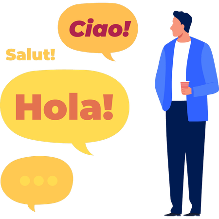 Boy is looking at different words in bubble chat  イラスト