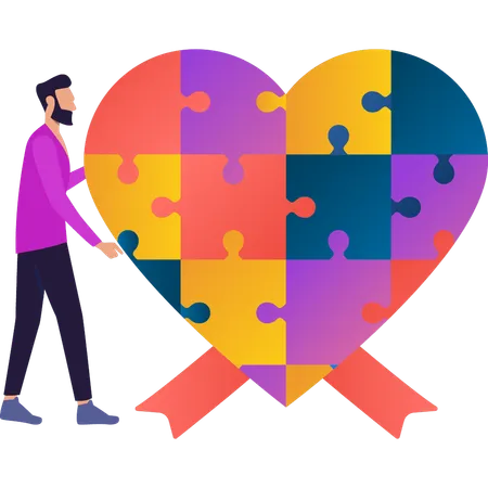 Boy is looking at heart shaped puzzle for autism awareness  Illustration